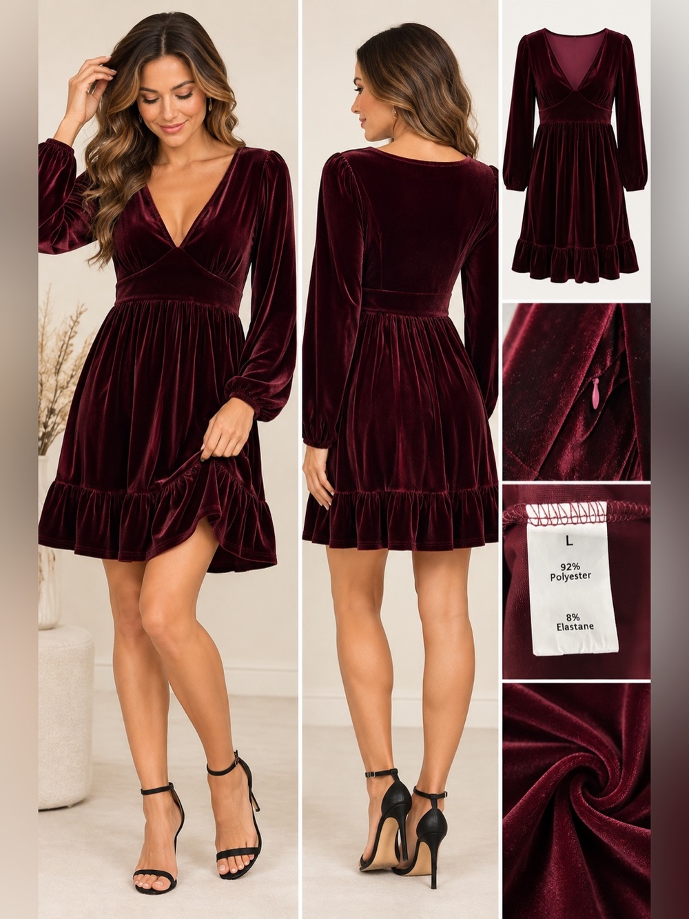 NWT Burgundy Velvet Long Sleeve V Neck Ruffle Mini Dress Size L